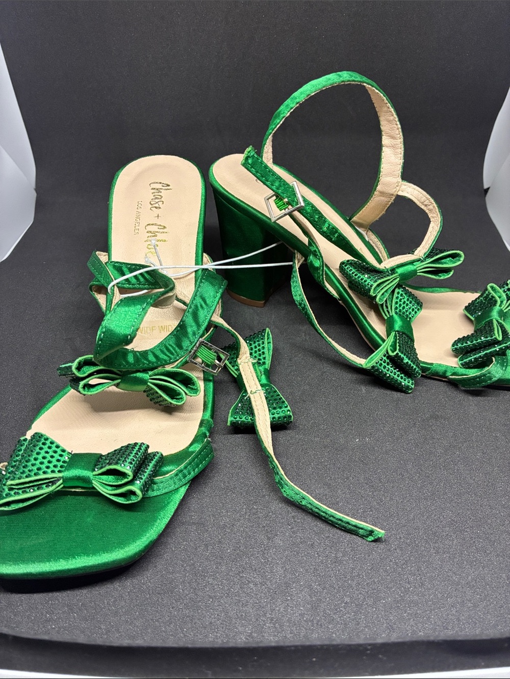 Chase + Chloe Emerald Green Satin Bow Block-Heel Sandals